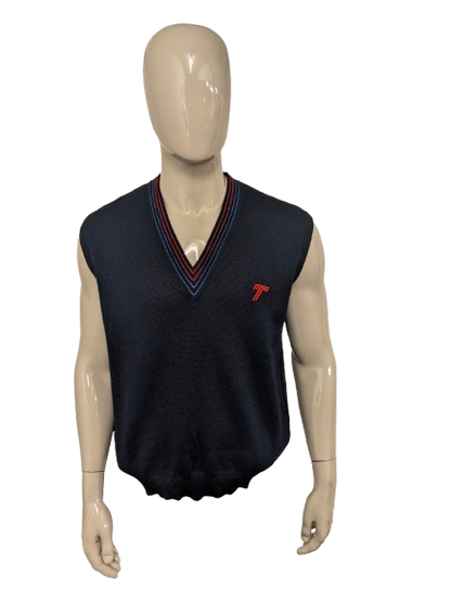 Vintage Belika spencer met V-hals. Donker Blauw Rood gekleurd. Maat XL.