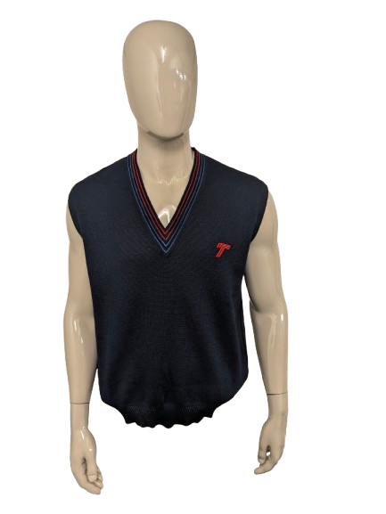 Vintage Belika spencer met V-hals. Donker Blauw Rood gekleurd. Maat XL.