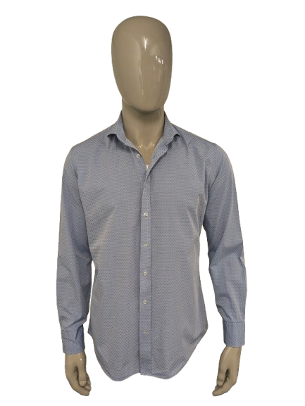Van Gils Hemd. Hellblaues, hellglänzendes Punktmotiv. Größe 41 / L. Hautschnitt.