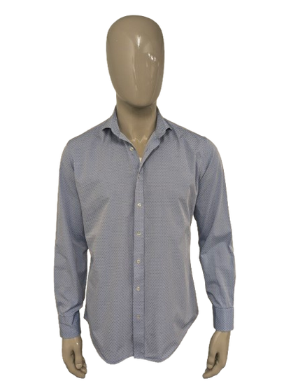 Van Gils overhemd. Licht Blauw Licht Glanzend bolletjes motief. Maat 41 / L. skin cut.