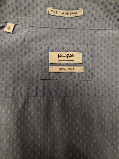 Van Gils overhemd. Licht Blauw Licht Glanzend bolletjes motief. Maat 41 / L. skin cut.