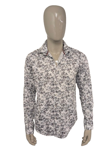 Giolucci overhemd. Grijs Bruin Witte Bloemen print. Maat XL. Slim Fit.