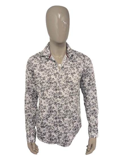 Giolucci overhemd. Grijs Bruin Witte Bloemen print. Maat XL. Slim Fit.
