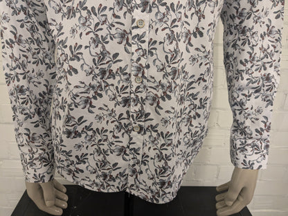 Giolucci overhemd. Grijs Bruin Witte Bloemen print. Maat XL. Slim Fit.