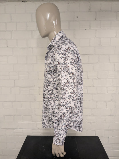 Giolucci overhemd. Grijs Bruin Witte Bloemen print. Maat XL. Slim Fit.