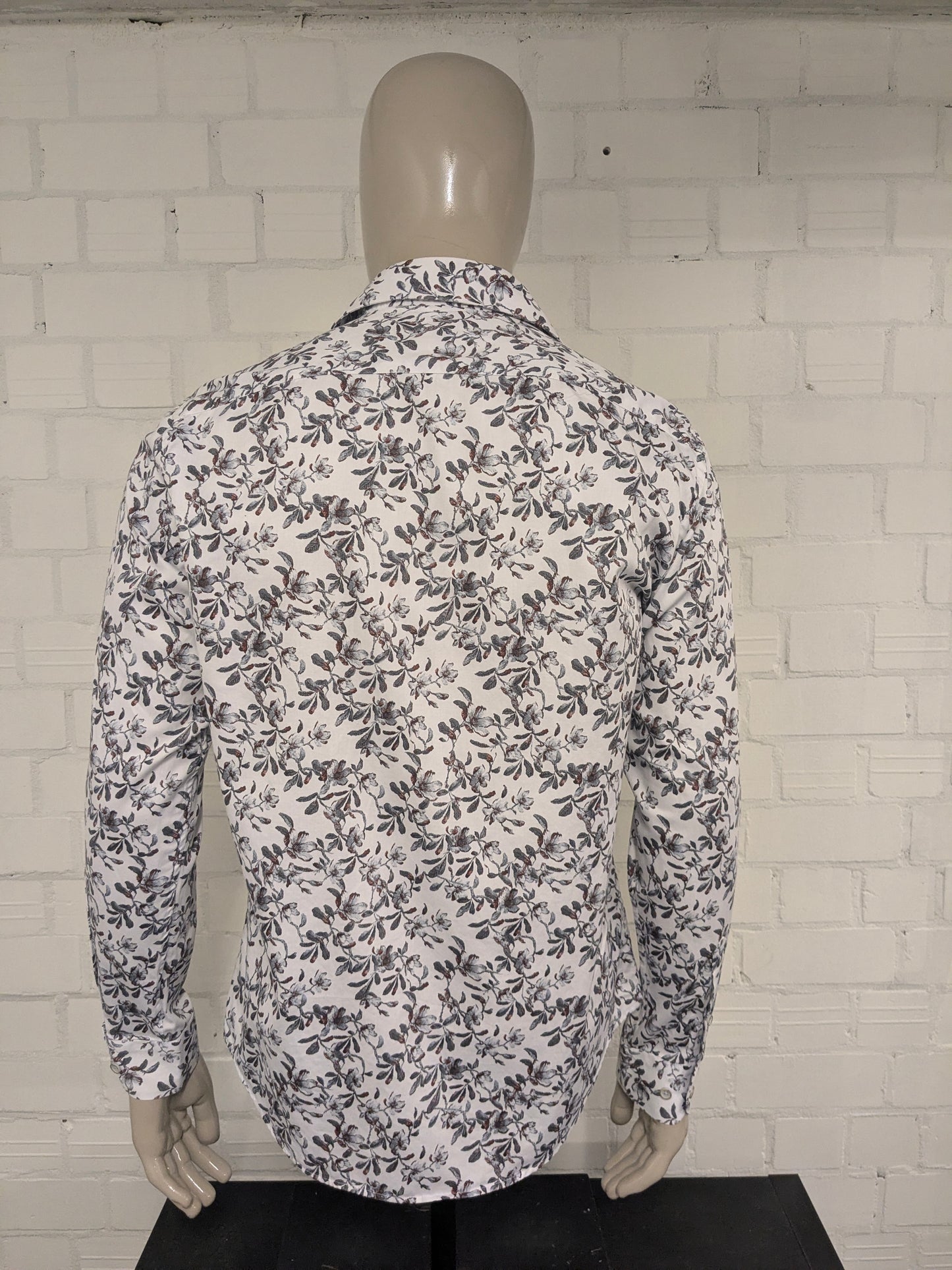 Giolucci overhemd. Grijs Bruin Witte Bloemen print. Maat XL. Slim Fit.