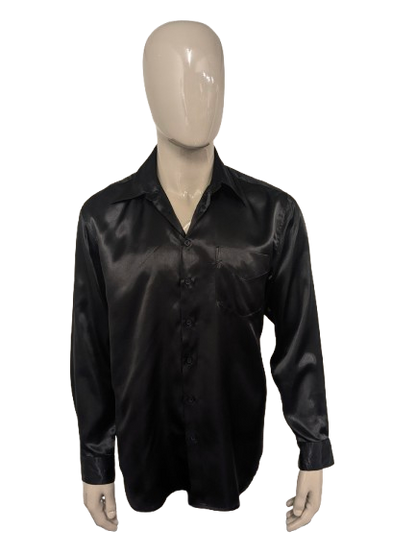 Vintage Basic Line overhemd. Zwart Glanzend. Maat L.