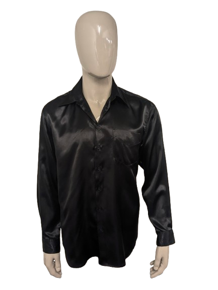 Vintage Basic Line overhemd. Zwart Glanzend. Maat L.