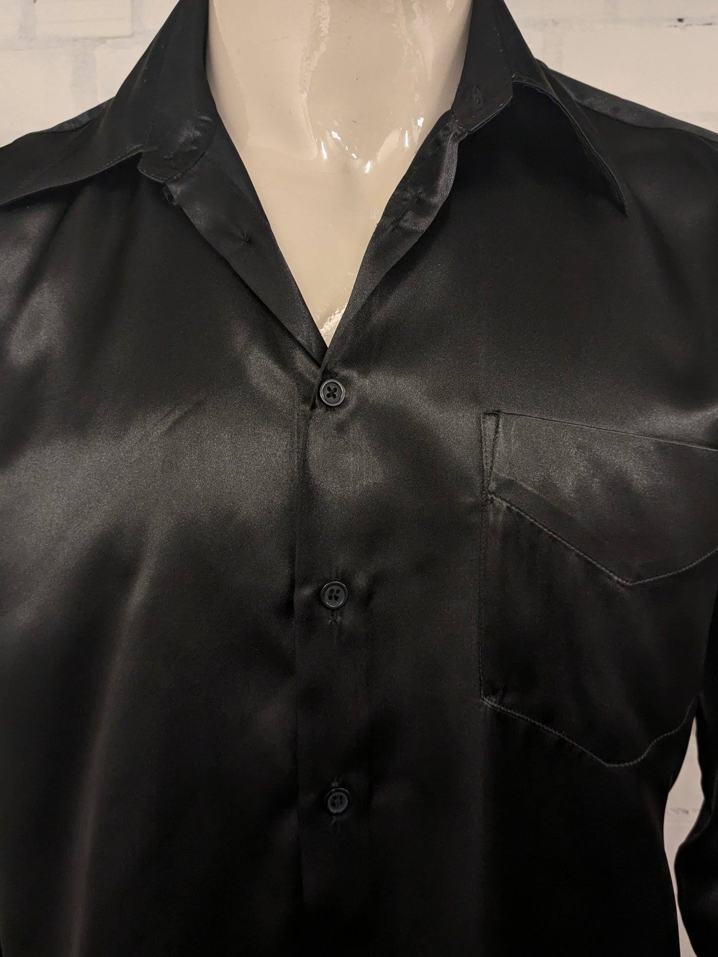 Vintage Basic Line overhemd. Zwart Glanzend. Maat L.