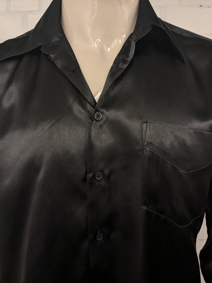 Vintage Basic Line overhemd. Zwart Glanzend. Maat L.