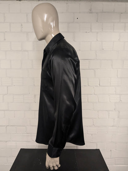 Vintage Basic Line overhemd. Zwart Glanzend. Maat L.