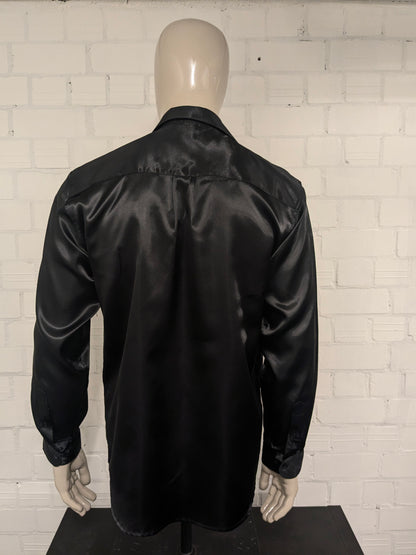 Vintage Basic Line overhemd. Zwart Glanzend. Maat L.