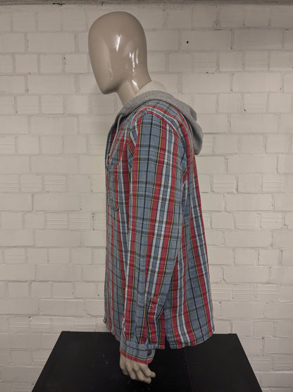 Chemise vintage Levi's Flannel avec boutons-pression et capuche. Bleu Rouge Blanc Jaune à carreaux Taille 2XL / XXL.