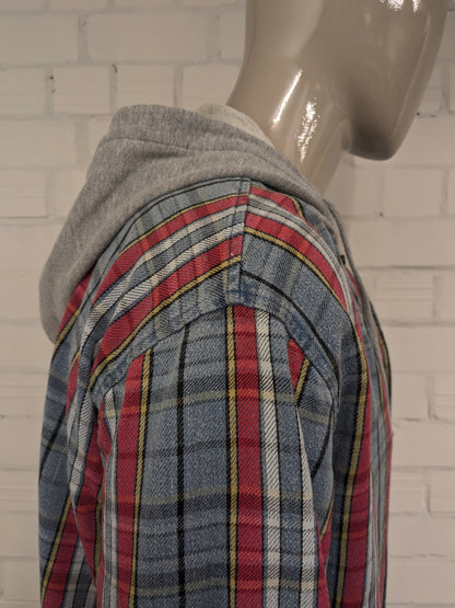 Chemise vintage Levi's Flannel avec boutons-pression et capuche. Bleu Rouge Blanc Jaune à carreaux Taille 2XL / XXL.