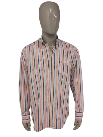 Giordano overhemd. Roze Geel Oranje Blauw gestreept. Maat XL.