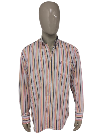 Giordano overhemd. Roze Geel Oranje Blauw gestreept. Maat XL.