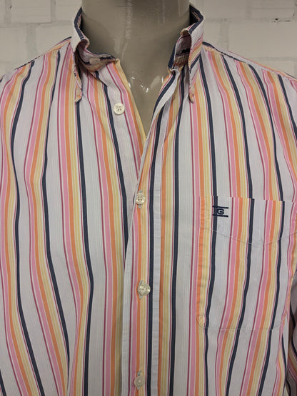 Giordano overhemd. Roze Geel Oranje Blauw gestreept. Maat XL.