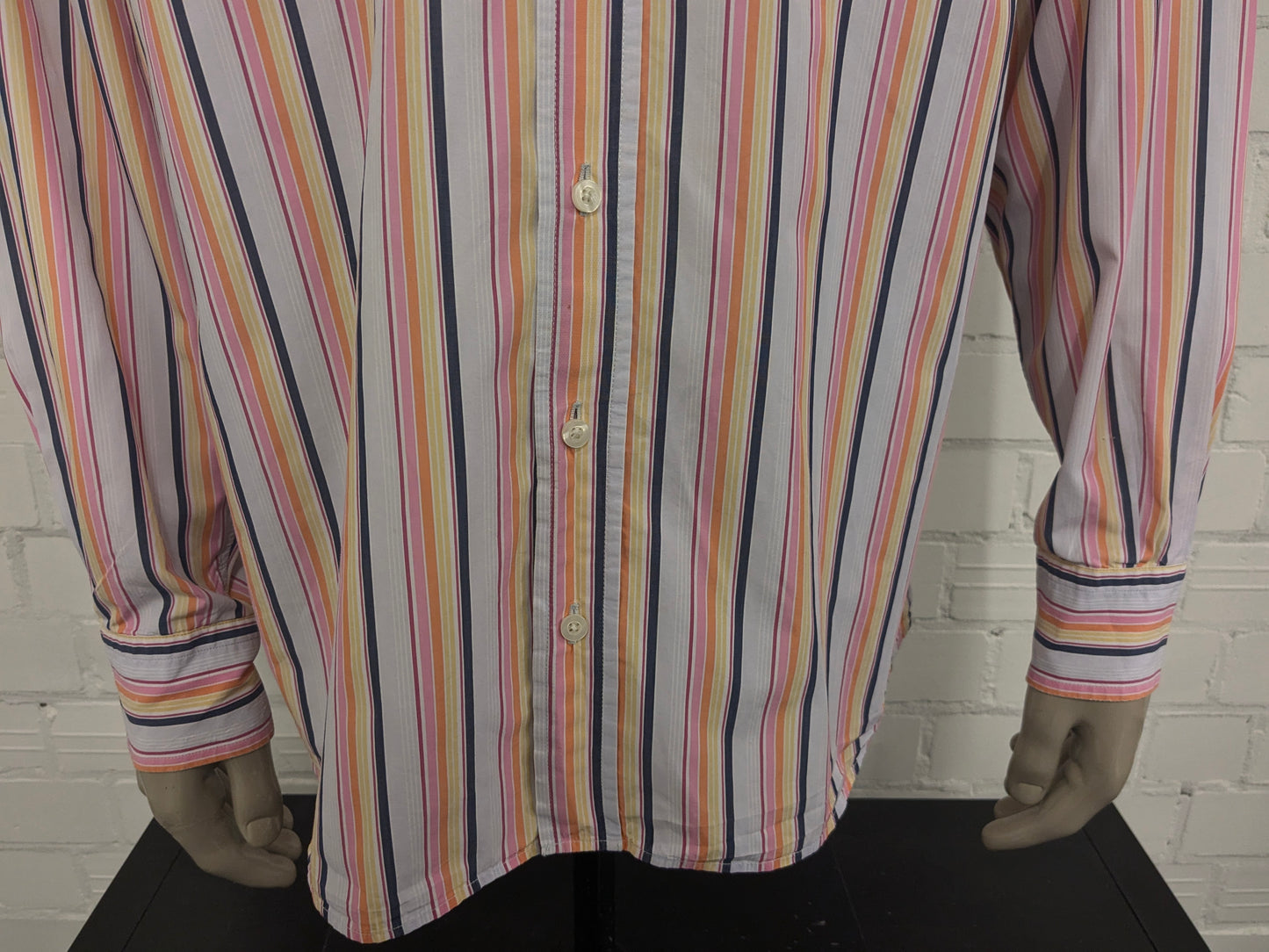 Giordano overhemd. Roze Geel Oranje Blauw gestreept. Maat XL.