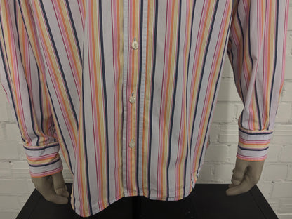 Giordano overhemd. Roze Geel Oranje Blauw gestreept. Maat XL.