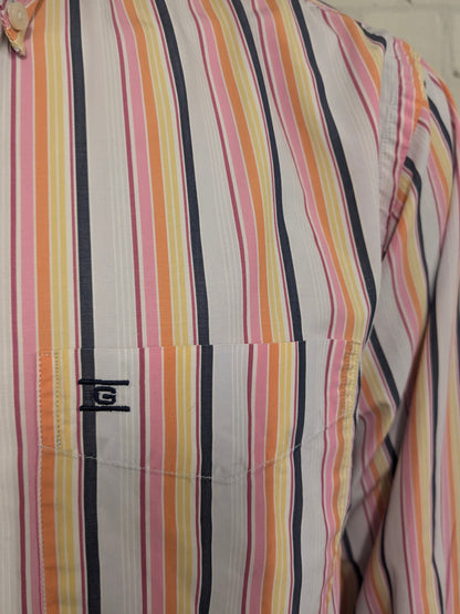 Giordano overhemd. Roze Geel Oranje Blauw gestreept. Maat XL.