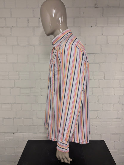 Giordano overhemd. Roze Geel Oranje Blauw gestreept. Maat XL.