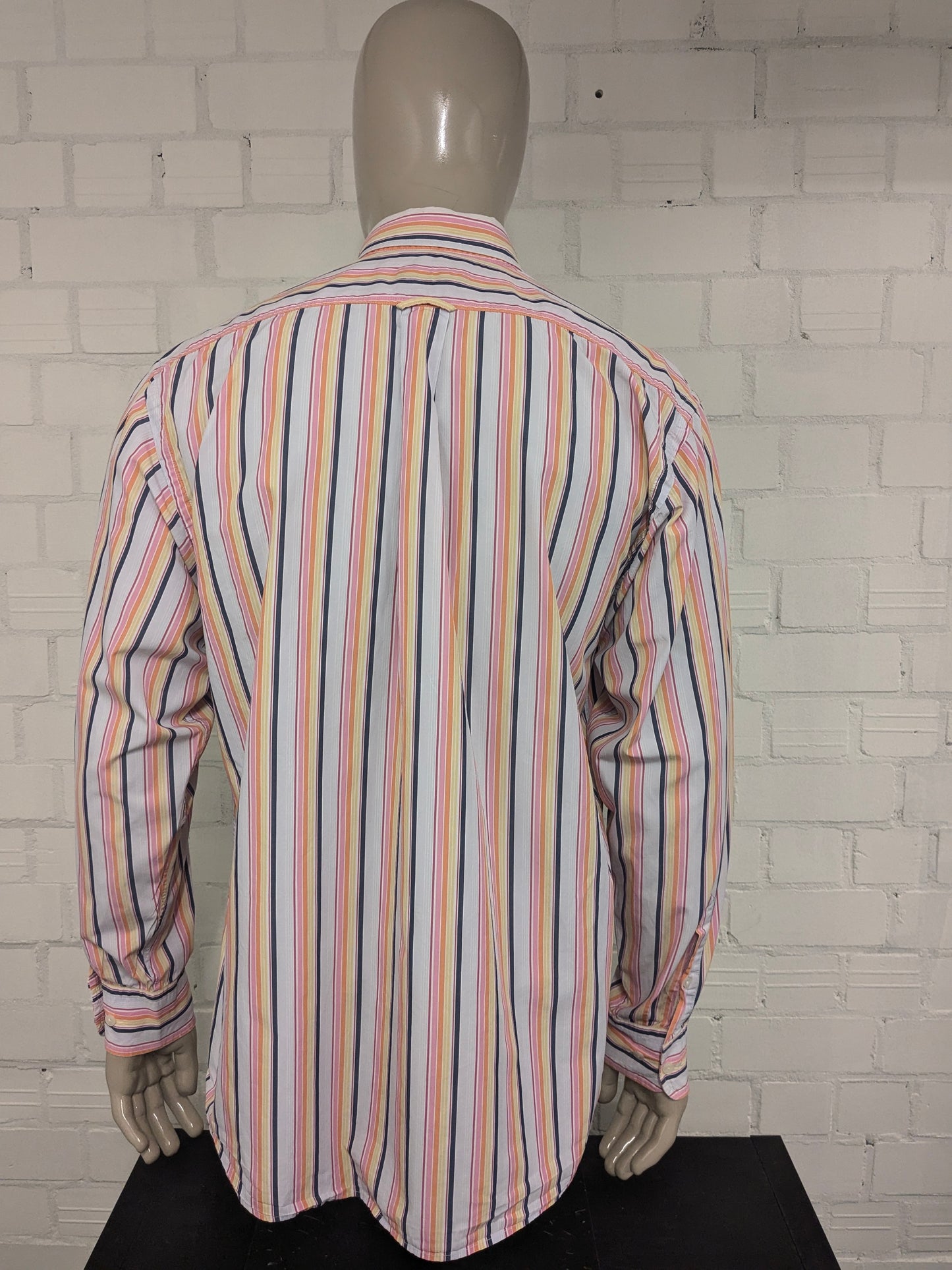 Giordano overhemd. Roze Geel Oranje Blauw gestreept. Maat XL.