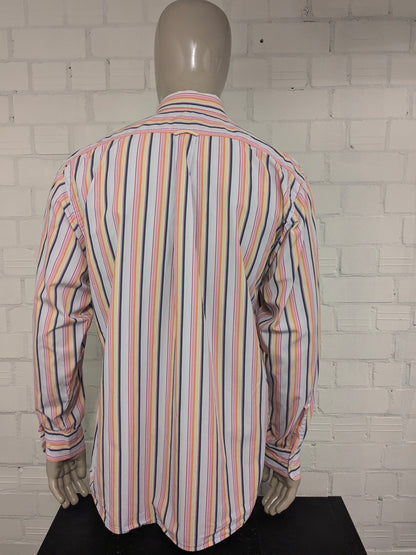 Giordano overhemd. Roze Geel Oranje Blauw gestreept. Maat XL.