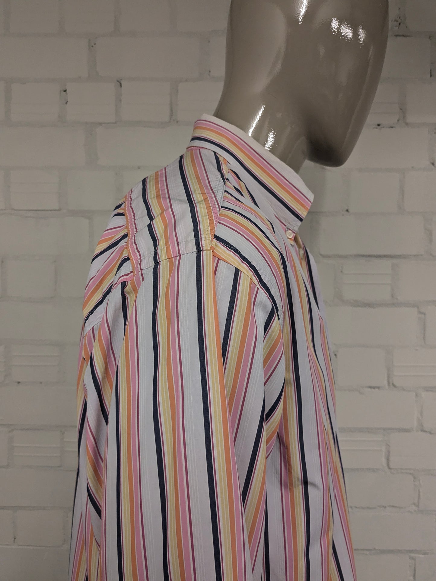 Giordano overhemd. Roze Geel Oranje Blauw gestreept. Maat XL.