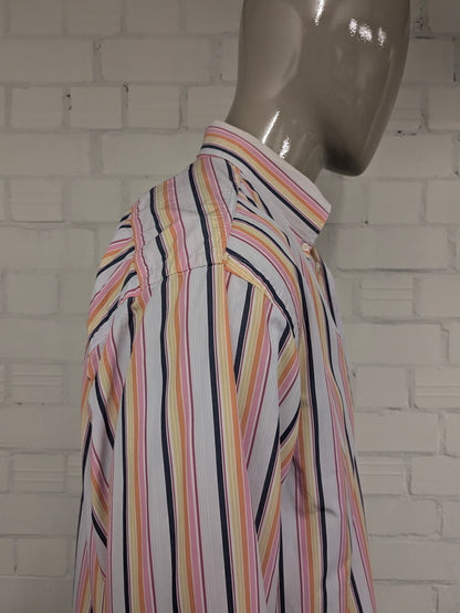 Giordano overhemd. Roze Geel Oranje Blauw gestreept. Maat XL.