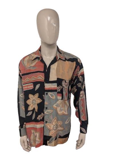 Vintage Black Dolphin 80'x / 90's overhemd. Zwart Oranje Rode print. Maat XL.