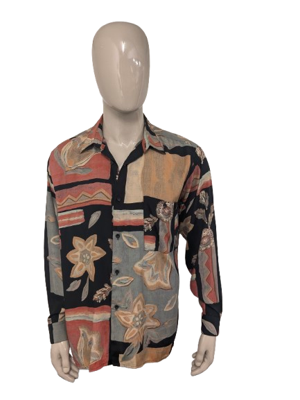 Vintage Black Dolphin 80'x / 90's overhemd. Zwart Oranje Rode print. Maat XL.