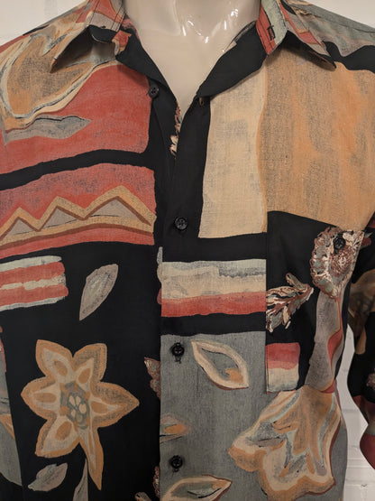 Vintage Black Dolphin 80'x / 90's overhemd. Zwart Oranje Rode print. Maat XL.