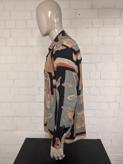 Vintage Black Dolphin 80'x / 90's overhemd. Zwart Oranje Rode print. Maat XL.