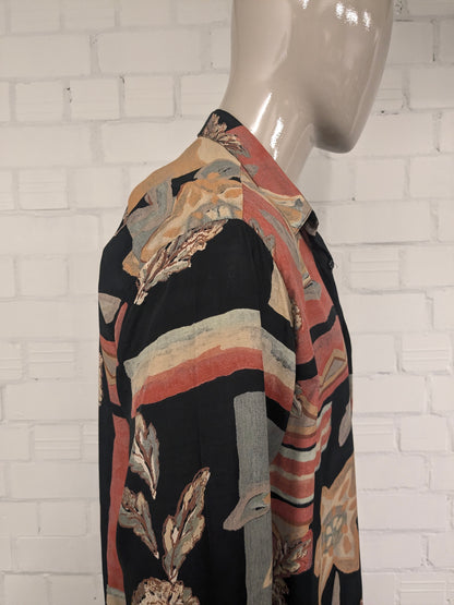 Vintage Black Dolphin 80'x / 90's overhemd. Zwart Oranje Rode print. Maat XL.