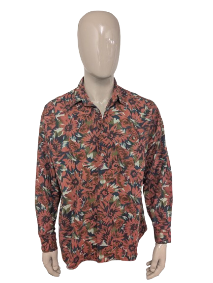 Maglietta vintage di John F Gee. Stampa floreale verde arancio. Taglia XL.