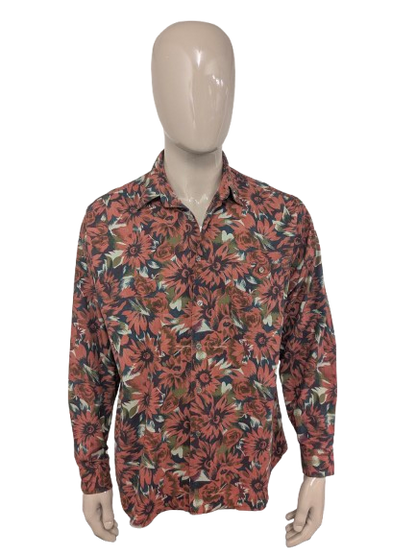 Maglietta vintage di John F Gee. Stampa floreale verde arancio. Taglia XL.