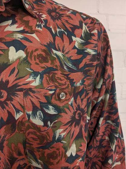 Maglietta vintage di John F Gee. Stampa floreale verde arancio. Taglia XL.