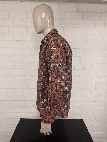 Maglietta vintage di John F Gee. Stampa floreale verde arancio. Taglia XL.