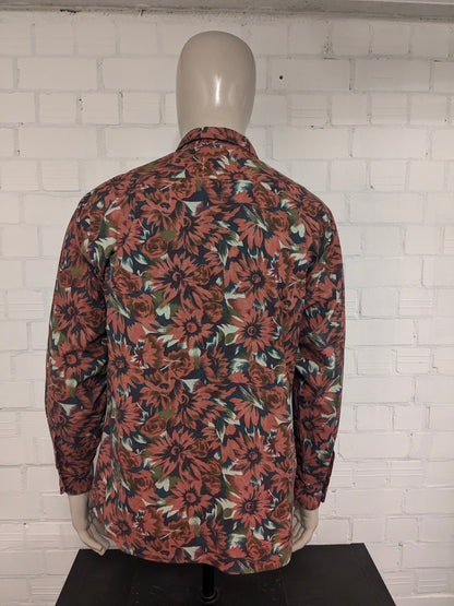 Maglietta vintage di John F Gee. Stampa floreale verde arancio. Taglia XL.