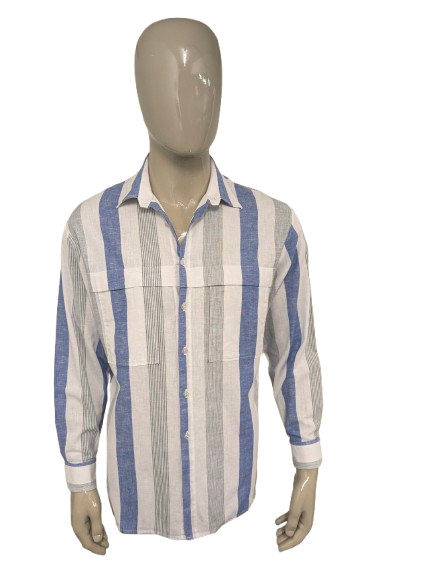 Vintage Leggiero overhemd. Blauw Wit Grijs gestreept. Maat XL.