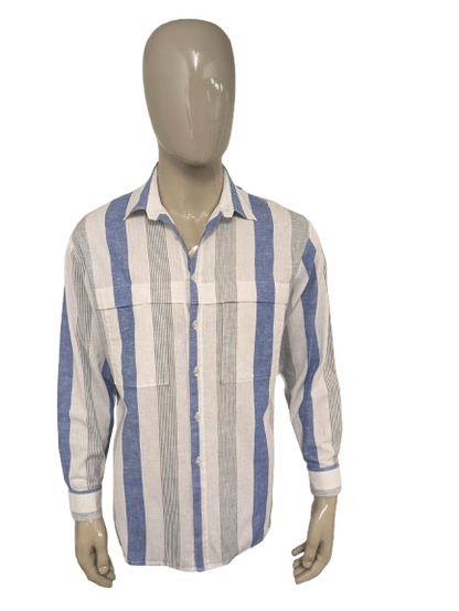 Vintage Leggiero overhemd. Blauw Wit Grijs gestreept. Maat XL.