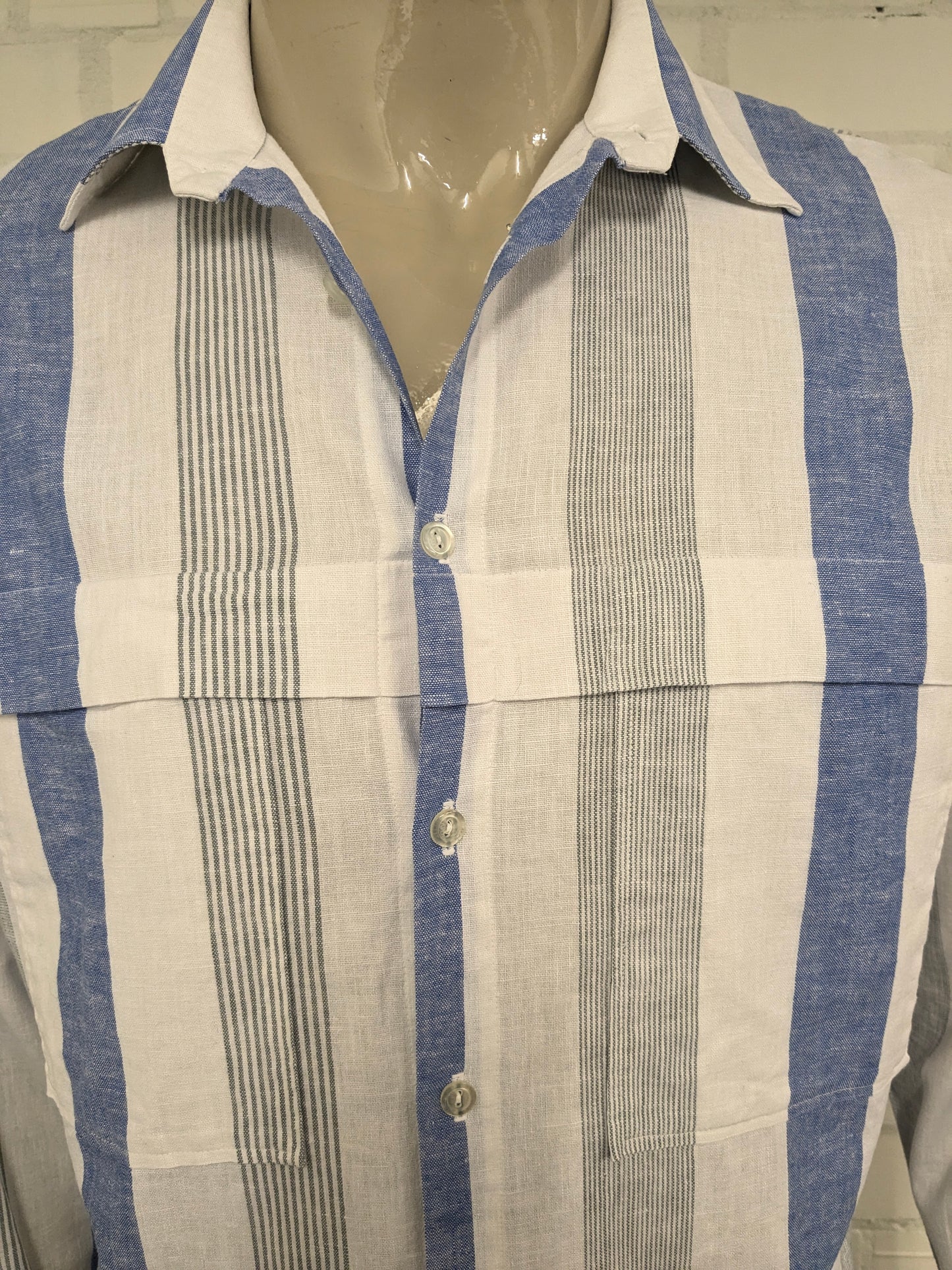 Vintage Leggiero overhemd. Blauw Wit Grijs gestreept. Maat XL.