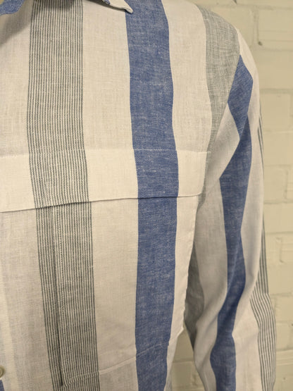 Vintage Leggiero overhemd. Blauw Wit Grijs gestreept. Maat XL.