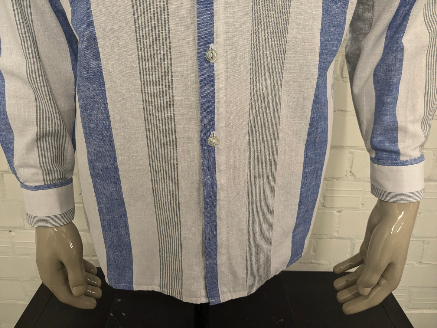 Vintage Leggiero overhemd. Blauw Wit Grijs gestreept. Maat XL.