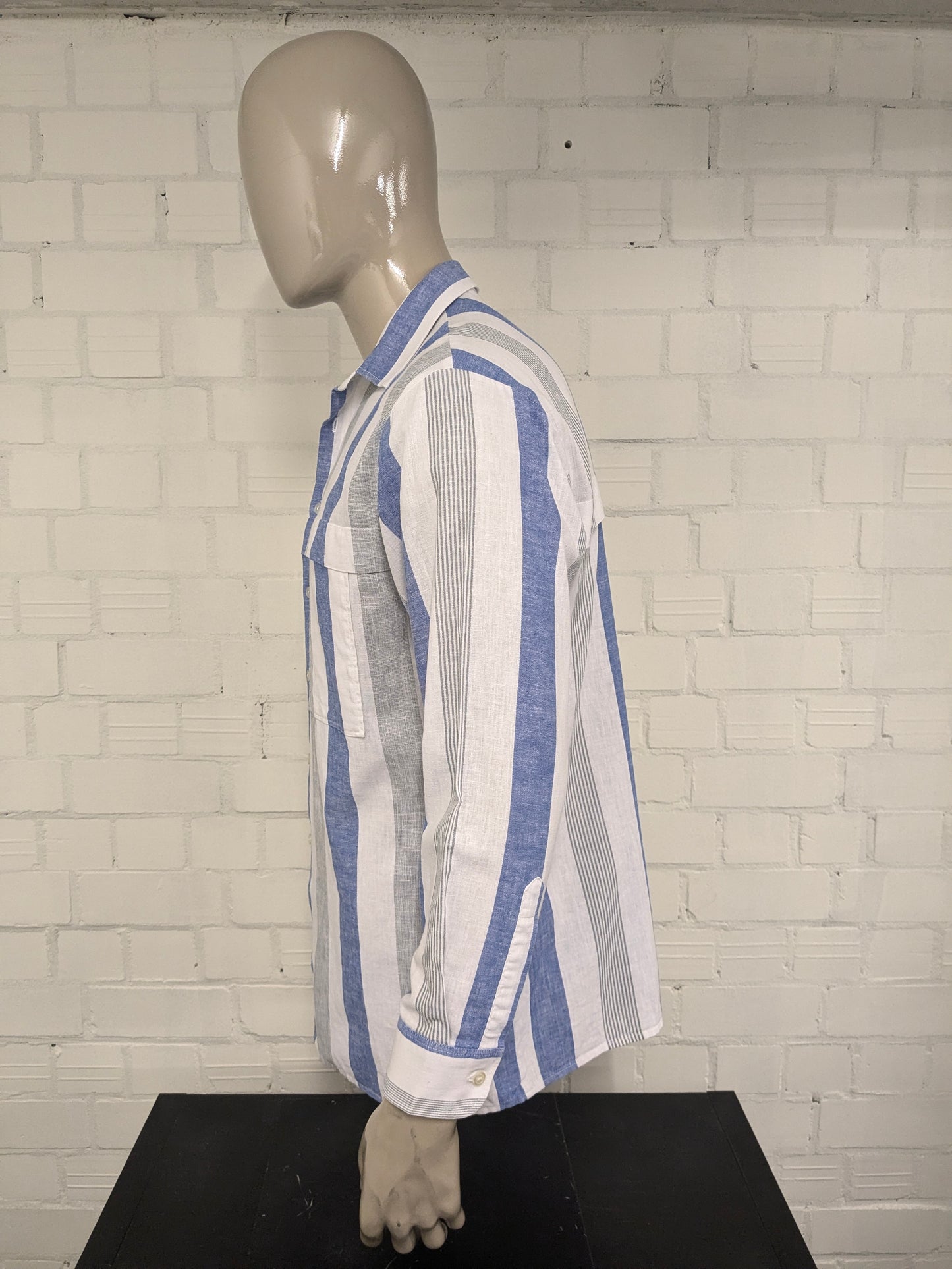 Vintage Leggiero overhemd. Blauw Wit Grijs gestreept. Maat XL.