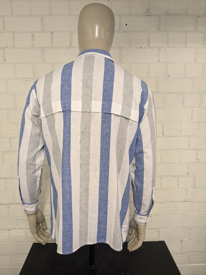 Vintage Leggiero overhemd. Blauw Wit Grijs gestreept. Maat XL.