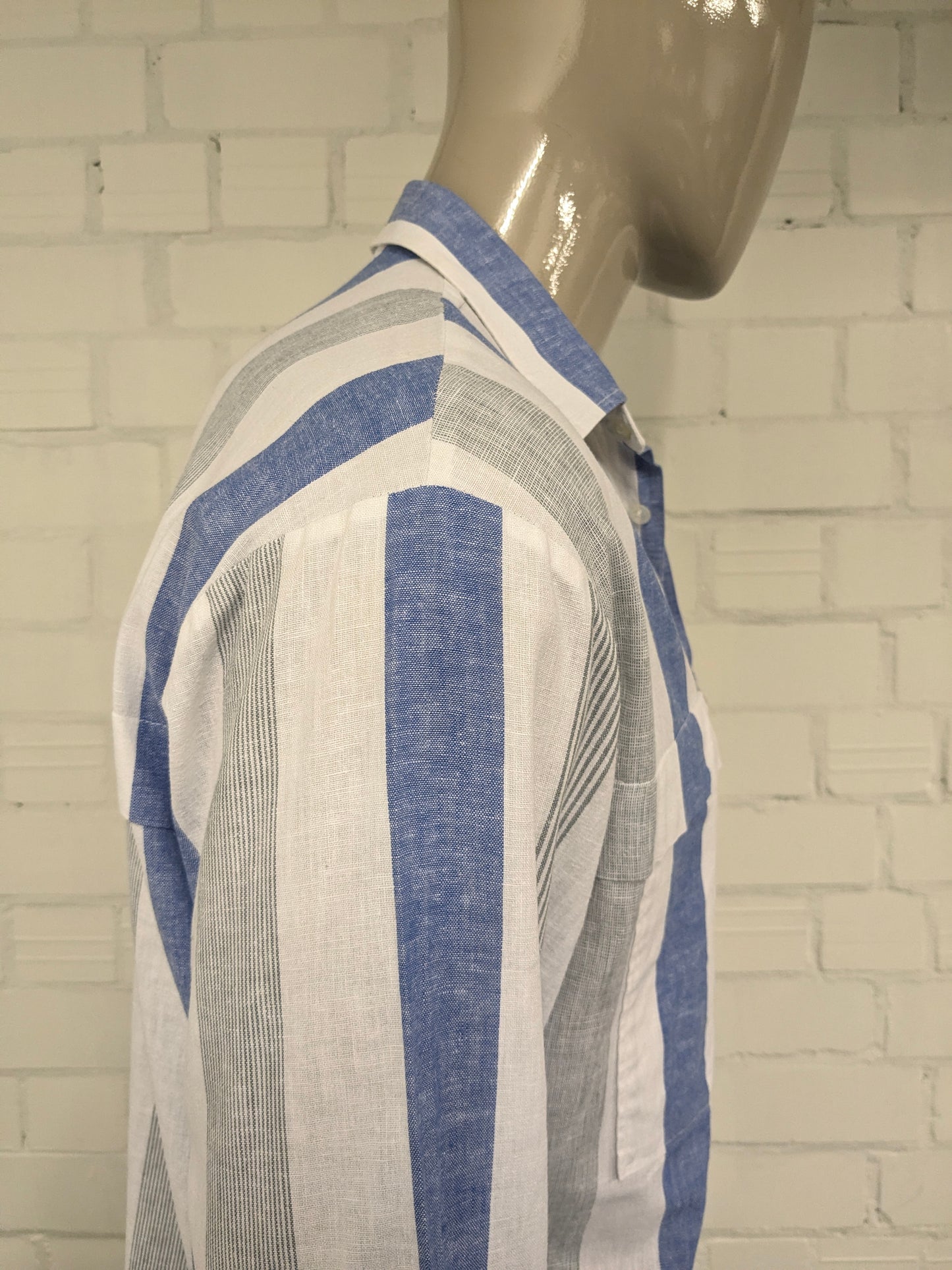 Vintage Leggiero overhemd. Blauw Wit Grijs gestreept. Maat XL.