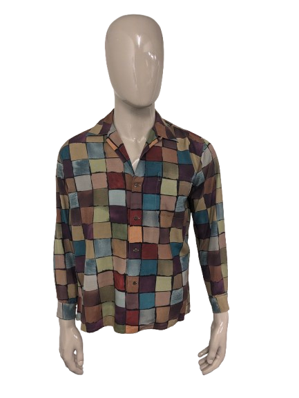 Vintage Equipment Zijden overhemd. Gekleurde blokjes print. Maat M.