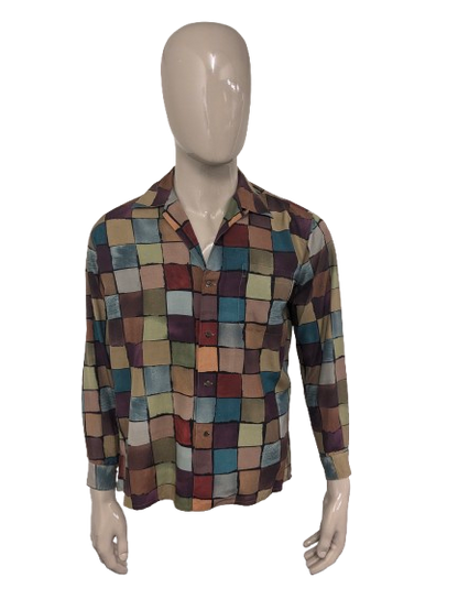Vintage Equipment Zijden overhemd. Gekleurde blokjes print. Maat M.