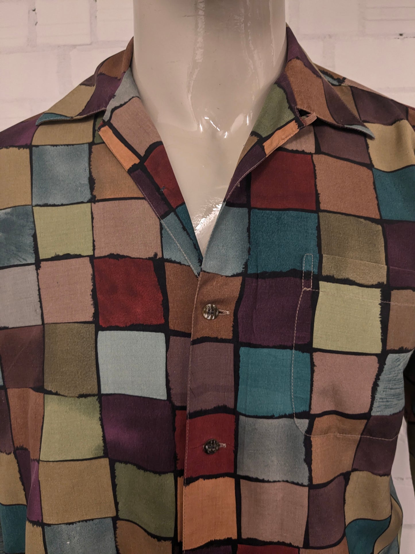 Vintage Equipment Zijden overhemd. Gekleurde blokjes print. Maat M.